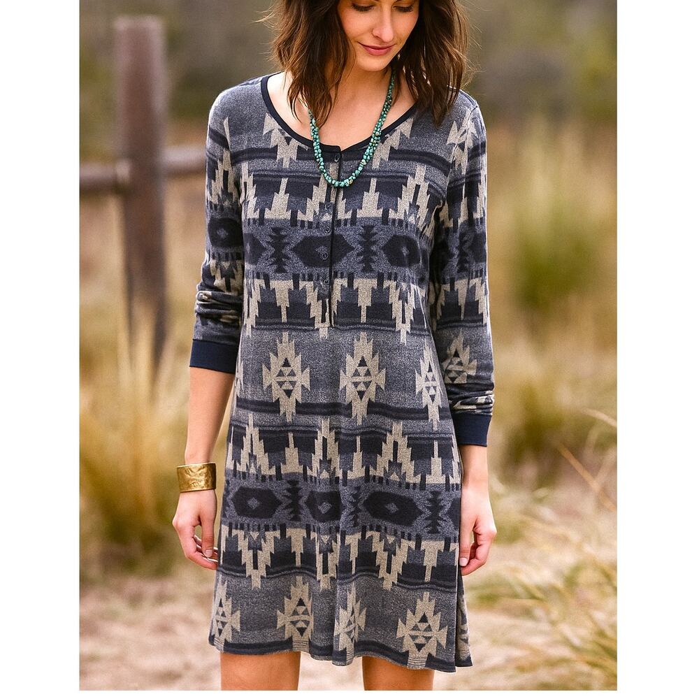 LRL Lauren Jeans Aztec Henley Dress Womens Size 2X Blue Western Boho Soft